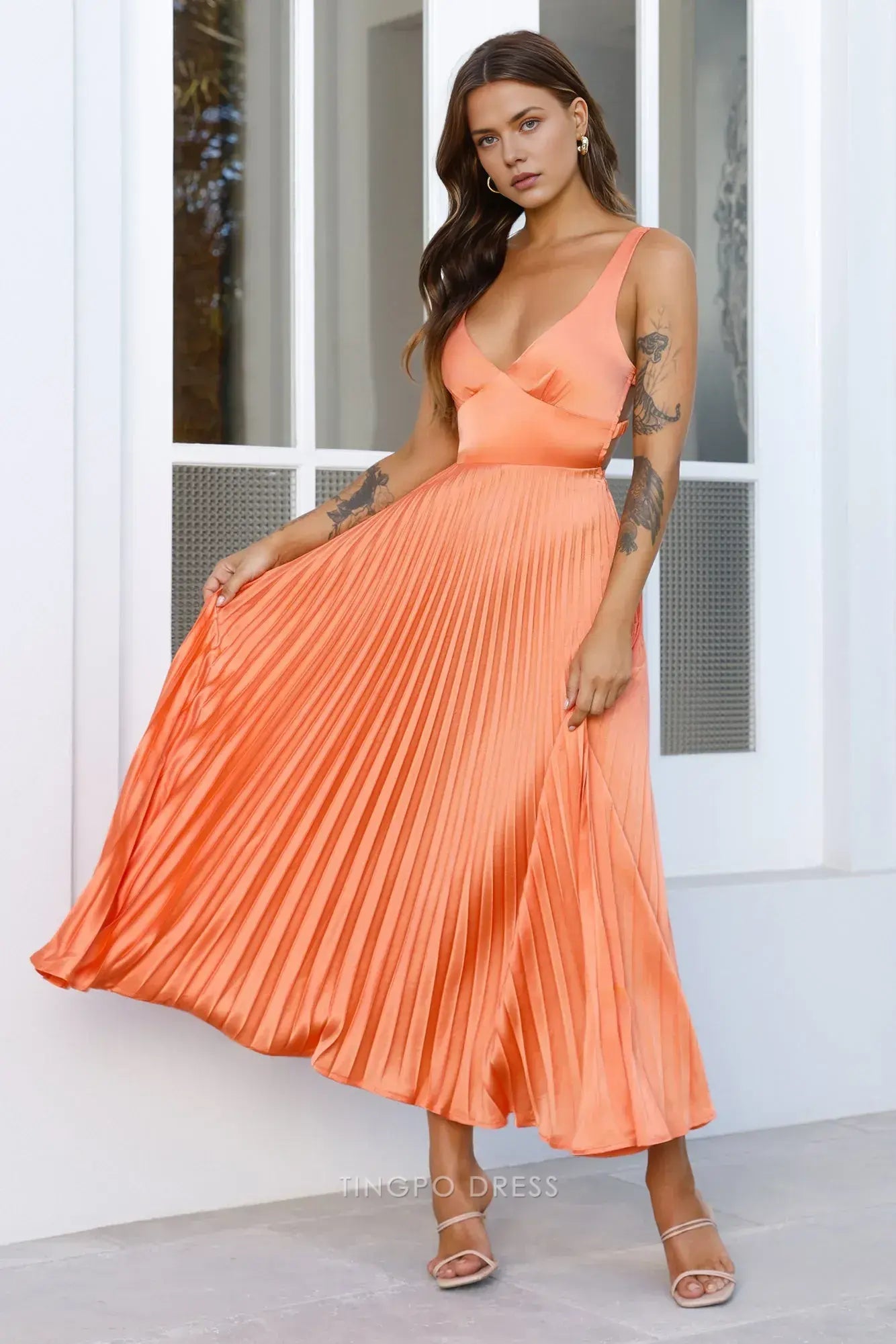 Orange Satin Pleated Maxi Dress with Criss - Cross Back Prom Dress